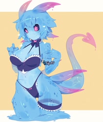 Size: 758x900 | Tagged: safe, artist:moonrisestudios, fictional species, goo creature, anthro, bra, breasts, clothes, female, goo, panties, solo, solo female, tail, underwear