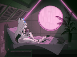 Size: 2835x2097 | Tagged: species needed, safe, artist:celeste, anthro, digitigrade anthro, 2021, bed, bedroom, city, clothes, cyberpunk, drinking, female, futuristic, high res, indoors, magazine, milkshake, one-piece swimsuit, pink lighting, plant, sci-fi, solo, solo female, swimsuit, window