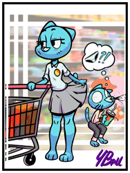 Size: 1200x1600 | Tagged: safe, artist:fourball, gumball watterson (tawog), nicole watterson (tawog), cat, feline, mammal, anthro, cartoon network, the amazing world of gumball, bottomwear, clothes, duo, exclamation point, female, grocery store, interrobang, male, mother, mother and child, mother and son, no underwear, question mark, shocked, shopping, shopping cart, skirt, skirt lift, son, spit take, store