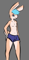 Size: 1109x2281 | Tagged: safe, artist:pixelwings, oc, oc only, oc:pixelbun, lagomorph, mammal, rabbit, anthro, blue eyes, blue hair, boxers, bulge, clothes, cyan eyes, cyan hair, ears, full body, fur, gray background, hair, hand on hip, lidded eyes, long ears, male, peach body, peach fur, reference, short tail, simple background, solo, solo male, tail, underwear