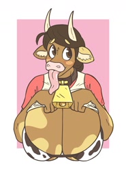 Size: 1154x1563 | Tagged: suggestive, artist:slightlysimian, oc, oc only, oc:molly (slightlysimian), bovid, cattle, cow, mammal, anthro, 2018, bikini, bikini top, breasts, clothes, collar, cow print, cowbell, cowkini, female, horns, huge breasts, long tongue, shirt, shirt lift, simple background, solo, solo female, swimsuit, tongue, tongue out, topwear, white background