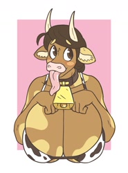 Size: 1154x1563 | Tagged: suggestive, alternate version, artist:slightlysimian, oc, oc only, oc:molly (slightlysimian), bovid, cattle, cow, mammal, anthro, 2018, absolute cleavage, bikini, bikini top, breasts, cleavage, clothes, collar, cow print, cowbell, cowkini, female, horns, huge breasts, long tongue, simple background, solo, solo female, swimsuit, tongue, tongue out, topwear, white background