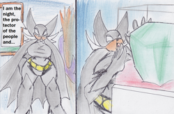 Size: 1268x834 | Tagged: safe, artist:streled, batman (batman), anthro, batman (series), breasts, cosplay, crossover, english text, female, gemstone, huge breasts, licking, solo, solo female, speech bubble, text, tongue, tongue out, traditional art
