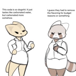 Size: 768x768 | Tagged: safe, artist:thickglacier, part of a set, fenneko (aggretsuko), retsuko (aggretsuko), canine, fennec fox, fox, mammal, red panda, anthro, aggretsuko, sanrio, 2021, big tail, bottomwear, clothes, dialogue, dot eyes, drink, duo, duo female, female, females only, hand on hip, limited palette, open mouth, simple background, sketch, skirt, soda can, striped tail, stripes, swearing, tail, talking, text, topwear, vulgar, white background