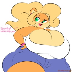 Size: 2000x2000 | Tagged: suggestive, artist:themoshi19, part of a set, coco bandicoot (crash bandicoot), bandicoot, mammal, marsupial, anthro, crash bandicoot (series), 2022, black nose, blonde hair, breasts, cleavage, clothes, ear piercing, eyelashes, female, fur, green eyes, hair, hand on hip, high res, hyper, hyper breasts, hyper butt, hyper hourglass figure, hyper thighs, jean shorts, lipstick, looking to the side, makeup, obtrusive watermark, open mouth, orange body, orange fur, piercing, shirt, simple background, solo, solo female, talking, text, topwear, watermark, white background, wristband