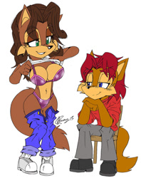 Size: 796x1003 | Tagged: suggestive, artist:@tfplayermate40, elias acorn (sonic), megan acorn (sonic), mammal, rodent, squirrel, anthro, archie sonic the hedgehog, sega, sonic the hedgehog (series), anthro/anthro, belly button, big breasts, blue eyes, bra, breasts, brown body, brown fur, brown hair, canon ship, cheek fluff, clothes, couple, duo, eyebrows, eyes on the prize, female, fluff, fur, green eyes, hair, head fluff, jeans, long tail, male, male/female, married couple, mature, mature female, mature male, multicolored fur, panties, pants, pants around ankles, pants pulled down, presenting, presenting breasts, purple underwear, red hair, redhead, shipping, shirt, shirt lift, shoes, simple background, smiling, tail, tail fluff, topwear, two toned body, two toned fur, underwear, undressing, white background