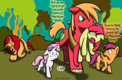 Size: 1280x845 | Tagged: safe, artist:caluriri, apple bloom (mlp), big macintosh (mlp), scootaloo (mlp), sweetie belle (mlp), earth pony, equine, fictional species, mammal, manticore, pegasus, pony, unicorn, feral, friendship is magic, hasbro, my little pony, angry, brother, brother and sister, cutie mark crusaders (mlp), dialogue, female, filly, foal, forest, freckles, fur, green eyes, hair, hooves, injured, magenta hair, magenta mane, magenta tail, male, mane, multicolored hair, multicolored tail, orange body, orange eyes, orange fur, orange hair, orange mane, orange tail, paw pads, paws, plant, purple eyes, red body, red fur, red hair, red mane, red tail, siblings, sister, stallion, tail, talking, tree, two toned hair, two toned tail, ungulate, unshorn fetlocks, white body, white fur, yellow body, yellow fur, young
