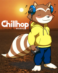 Size: 1440x1800 | Tagged: safe, artist:nkyn, chillhop raccoon, mammal, procyonid, raccoon, anthro, chillhop, ambiguous gender, blushing, bottomwear, cell phone, clothes, desert, eyes closed, hoodie, music, musical note, pants, phone, smartphone, smiling, solo, solo ambiguous, standing, sun, topwear