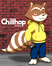 Size: 1440x1800 | Tagged: safe, artist:nkyn, chillhop raccoon, mammal, procyonid, raccoon, anthro, chillhop, :3, ambiguous gender, bottomwear, building, cell phone, clothes, hoodie, logo, pants, phone, smartphone, smiling, solo, solo ambiguous, standing, topwear