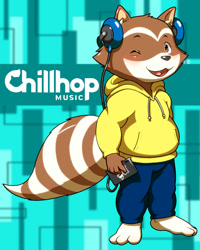 Size: 1440x1800 | Tagged: safe, artist:nkyn, chillhop raccoon, mammal, procyonid, raccoon, anthro, chillhop, ambiguous gender, bottomwear, brown body, brown eyes, brown fur, cell phone, clothes, ears, fur, headphones, headwear, hoodie, logo, one eye closed, pants, paws, phone, smartphone, solo, solo ambiguous, standing, tail, topwear, winking