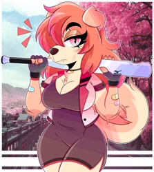 Size: 2850x3200 | Tagged: safe, artist:wirelessshiba, oc, oc only, canine, dog, mammal, anthro, baseball bat, breasts, chest fluff, clothes, eyebrow through hair, eyebrows, eyelashes, fangs, female, fingerless gloves, fluff, fur, gloves, hair, high res, looking at you, sharp teeth, slit pupils, solo, solo female, teeth