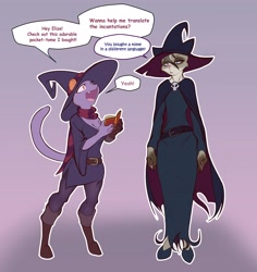 Size: 2358x2500 | Tagged: safe, artist:jarnqk, cat, feline, mammal, anthro, book, cape, clothes, duo, duo female, female, females only, hat, headwear, high res, witch, witch hat