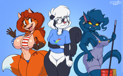 Size: 1779x1100 | Tagged: suggestive, artist:daxzor, oc, oc:darke katt, oc:sabrina (sabrina-online), oc:sheila vixen, canine, cat, feline, fox, mammal, skunk, anthro, 2018, 5 fingers, american flag bikini, amiga, angry, arms under breasts, belly button, big breasts, big tail, bikini, black body, black fur, black hair, blue background, braless, breasts, bucket, cheek fluff, claws, cleavage, cleavage fluff, clothes, collarbone, colored sclera, curvy, digital art, dipstick tail, ear piercing, earring, eyebrow through hair, eyebrows, female, females only, fluff, fur, glasses, gloves (arm marking), gradient background, group, hair, holding, holding object, huge breasts, janitor, long hair, mop, nipple outline, open mouth, open smile, orange body, orange fur, overalls, piercing, pink nose, raised eyebrow, red hair, ribcage, scowl, shirt, short hair, sideboob, signature, simple background, slit pupils, smiling, standing, swimsuit, t-shirt, tail, tan body, tan fur, tight clothing, topwear, trio, trio female, vixen, voluptuous, waving, white body, white fur, white hair, yellow sclera