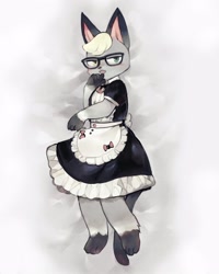 Size: 2000x2500 | Tagged: safe, alternate version, artist:kiyosan, raymond (animal crossing), cat, feline, mammal, siamese, anthro, animal crossing, animal crossing: new horizons, nintendo, clothes, crossdressing, dress, front view, fur, glasses, gray body, gray fur, green eyes, heterochromia, high res, maid outfit, male, solo, solo male, three-quarter view, yellow eyes