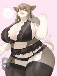 Size: 1123x1500 | Tagged: suggestive, alternate version, artist:ch4_n2o, bovid, cat, cattle, cow, feline, mammal, anthro, 2022, absolute cleavage, bra, breasts, cleavage, clothes, duo, duo female, female, female focus, females only, garter belt, garter straps, huge breasts, legwear, lingerie, panties, slightly chubby, solo focus, stockings, thick thighs, thighs, underwear, wide hips