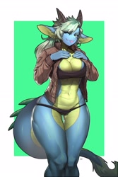 Size: 1679x2507 | Tagged: safe, artist:pgm300, oc, oc:campfire (cocaindog), dragon, fictional species, anthro, belly button, big breasts, border, bra, breasts, clothes, female, horn, jacket, one eye closed, panties, scales, solo, solo female, tail, thick thighs, thigh gap, thighs, tongue, tongue out, topwear, underwear, white border, wide hips