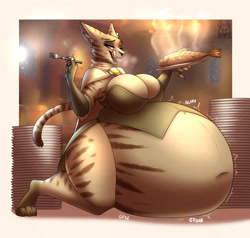 Size: 2000x1900 | Tagged: safe, artist:thedrunkcoyote, oc, oc only, oc:gabriel (adrianatales), cat, feline, mammal, anthro, plantigrade anthro, 2022, breasts, cleavage, eating, female, food, huge belly, huge breasts, licking, licking lips, solo, solo female, stomach noise, stuffing, thick thighs, thighs, tongue, tongue out