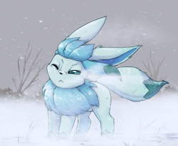 Size: 1958x1616 | Tagged: safe, artist:otakuap, eeveelution, fictional species, glaceon, mammal, feral, series:eevee types of eeveelutions, nintendo, pokémon, 2022, 2d, :<, ambiguous gender, black nose, casual nudity, complete nudity, cute, ears, fluff, frowning, fur, hair, neck fluff, nudity, one eye closed, snow, snow storm, solo, solo ambiguous, tail, wind