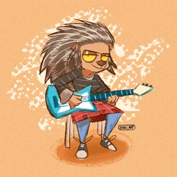 Size: 2000x2000 | Tagged: safe, artist:zarksart, ash (sing), mammal, porcupine, anthro, illumination entertainment, sing (film), bedroom eyes, chair, electric guitar, female, guitar, high res, looking at you, musical instrument, playing musical instrument, sitting, smiling, smiling at you, solo, solo female