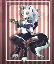 Size: 2103x2470 | Tagged: safe, artist:praquina, loona (vivzmind), canine, fictional species, hellhound, mammal, anthro, digitigrade anthro, hazbin hotel, helluva boss, 2022, breasts, cell phone, clothes, ears, female, gray hair, hair, high res, long hair, looking at you, middle finger, phone, smartphone, solo, solo female, tail, vulgar