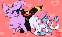 Size: 3485x2110 | Tagged: suggestive, artist:awesomesaucez, eeveelution, espeon, fictional species, mammal, sylveon, umbreon, feral, nintendo, pokémon, background, bedroom eyes, between butts, blep, blood, blushing, booty sandwich, butt, butt bump, butt up, cheek squish, dominant, dominant female, faceful of ass, female, group, heart, heart eyes, high res, love, male, nosebleed, one eye closed, saliva, sandwiched, tail, tongue, tongue out, trio, wingding eyes, winking