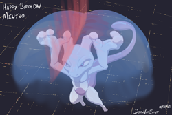 Size: 2000x1333 | Tagged: safe, artist:doesnotexist, fictional species, legendary pokémon, mammal, mewtwo, anthro, nintendo, pokémon, 2022, 3 fingers, 3 toes, ambiguous gender, angry, blue pupils, city, colored pupils, digital art, english text, floating, flying, gray body, night, psychic, purple eyes, shield, signature, solo, tail, text