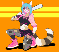 Size: 900x793 | Tagged: safe, artist:pytis, cat, feline, mammal, anthro, plantigrade anthro, baseball bat, blue hair, boots, breasts, clothes, crop top, cropped hoodie, daisy dukes, female, fishnet, fishnet stockings, grin, hair, hoodie, kneeling, legwear, midriff, on one knee, open clothes, see-through, shoes, short shorts, shorts, solo, solo female, sports bra, stockings, topwear