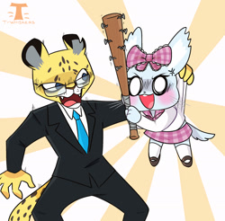 Size: 2348x2313 | Tagged: safe, artist:t-whiskers, manaka (aggretsuko), big cat, chinchilla, feline, leopard, mammal, rodent, anthro, aggretsuko, sanrio, blank eyes, cross-popping veins, duo, female, high res, holding, holding character, hyodo (aggretsuko), larger male, male, nail bat, open mouth, size difference, weapon