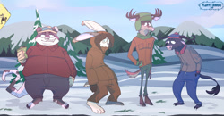 Size: 2000x1041 | Tagged: safe, artist:fluffybardo, kenny mccormick (south park), bovid, bull, cattle, cervid, deer, lagomorph, mammal, rabbit, rat, rodent, anthro, south park, antlers, clothes, ears, eric cartman (south park), fur, group, hooves, horns, kyle broflovski (south park), male, murine, outdoors, paws, stan marsh (south park), standing, tail