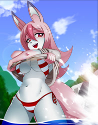 Size: 997x1280 | Tagged: safe, artist:chacrawarrior, nazuna hiwatashi (bna), canine, fox, mammal, anthro, bna: brand new animal, 2022, beach, bedroom eyes, bikini, black nose, breasts, clothes, digital art, ears, eyelashes, female, fur, hair, ocean, open mouth, red bikini, red swimsuit, skinny dipping, solo, solo female, splashing, swimsuit, tail, thighs, tongue, undressing, vixen, water, wide hips