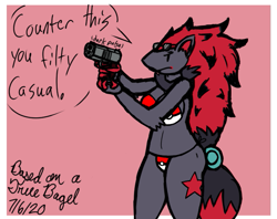 Size: 709x561 | Tagged: safe, artist:the1truebagel, fictional species, mammal, zoroark, anthro, nintendo, pokémon, 2020, aiming, belly button, bikini, border, breasts, clothes, dialogue, digital art, ears, eyelashes, fur, glasses, gun, hair, handgun, looking at you, simple background, speech bubble, sunglasses, swimsuit, tail, talking, text, thighs, weapon, white border, wide hips
