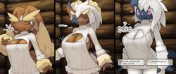 Size: 1555x661 | Tagged: suggestive, artist:ozoneserpent, absol, fictional species, lopunny, mammal, anthro, nintendo, pokémon, 2022, big breasts, breast expansion, breasts, clothes, comic, dialogue, digital art, ears, expansion, eyelashes, eyes closed, female, fur, hair, horn growth, huge breasts, looking down, solo, solo female, species transformation, sweater, tail, talking, text, topwear, transformation, virgin killer sweater