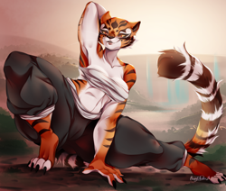 Size: 1012x860 | Tagged: suggestive, artist:bunnywhiskerz, master tigress (kung fu panda), big cat, feline, mammal, tiger, anthro, digitigrade anthro, dreamworks animation, kung fu panda, 2022, armpits, arms behind head, belly button, bottomwear, breasts, cameltoe, clothes, digital art, ears, eyelashes, female, fur, pants, pose, solo, solo female, tail, tank top, thighs, topwear, wide hips