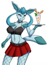 Size: 1280x1760 | Tagged: safe, artist:snowneko, eeveelution, fictional species, glaceon, mammal, anthro, nintendo, pokémon, 2021, anthrofied, belly button, big breasts, black nose, bottomwear, breasts, cleavage, clothes, collar, digital art, ears, eyelashes, female, fishnet, fishnet stockings, fur, hair, legwear, looking at you, milkshake, see-through, sharp teeth, simple background, skirt, smiling, smiling at you, solo, solo female, spiked collar, stockings, tail, tank top, teeth, thighs, topwear, white background, wide hips