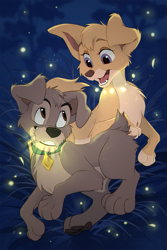 Size: 573x860 | Tagged: safe, artist:azzai, angel (lady and the tramp), scamp (lady and the tramp), arthropod, canine, dog, firefly, insect, mammal, mutt, feral, disney, lady and the tramp, 2d, ambient wildlife, brown eyes, collar, cream body, cream fur, duo, female, fur, gray body, gray fur, male, male/female, paw pads, paws, purple eyes