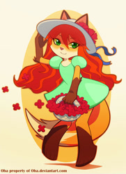 Size: 726x1002 | Tagged: safe, artist:domi-chan, canine, fox, mammal, red fox, anthro, 2011, basket, clothes, cottagecore, dipstick tail, dress, female, flower, front view, green eyes, looking at you, plant, puffy sleeves, smiling, smiling at you, tail, three-quarter view, vixen