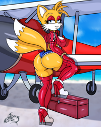 Size: 2000x2500 | Tagged: suggestive, artist:renegade-157, miles "tails" prower (sonic), canine, fox, mammal, red fox, anthro, sega, sonic the hedgehog (series), 2022, aircraft, airplane, bedroom eyes, biplane, black nose, bottomwear, breasts, butt, clothes, digital art, ears, eyelashes, eyeshadow, female, fur, hair, high heel boots, high res, looking at you, looking back, looking back at you, makeup, mila "tails" prower, multiple tails, pose, rear view, rule 63, shirt, shorts, sideboob, solo, solo female, step pose, tail, tailsko, thighs, topwear, two tails, vehicle, vixen, wedgie, wide hips