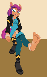 Size: 728x1187 | Tagged: safe, artist:caroo, sunny starscout (mlp), earth pony, equine, fictional species, mammal, pony, anthro, plantigrade anthro, hasbro, my little pony, my little pony g5, spoiler:my little pony g5, badge, bag, barefoot, boots, clothes, feet, female, fetish, foot fetish, foot focus, jacket, looking at you, open mouth, shoes, sitting, soles, solo, solo female, toes, topwear