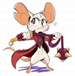 Size: 1905x1920 | Tagged: safe, artist:yeahbeezii, mina (mina the hollower), mammal, mouse, rodent, anthro, plantigrade anthro, 2022, bottomless, clothes, female, frowning, mace, mina the hollower, mouse ears, nudity, partial nudity, simple background, solo, solo female, tail, whiskers, white background