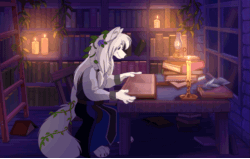 Size: 1199x764 | Tagged: safe, artist:tuwka, canine, mammal, wolf, anthro, 2d, 2d animation, animated, blue eyes, book, bookshelf, candle, female, fire, frame by frame, fur, gif, reading, solo, solo female, white body, white fur