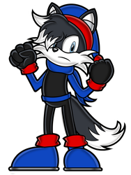 Size: 1200x1600 | Tagged: safe, artist:toyminator900, oc, oc only, oc:ronjir the husky (lightningbolt), canine, dog, husky, mammal, anthro, sega, sonic the hedgehog (series), 2020, black body, black fur, black tail, blue eyes, bottomwear, cheek fluff, christmas, clothes, commission, dipstick tail, fist, fluff, frowning, fur, gloves, hat, head fluff, head tuft, headwear, holiday, legwear, long sleeves, looking at you, male, pants, santa hat, scarf, shirt, shoes, simple background, solo, solo male, style emulation, tail, tail fluff, topwear, transparent background