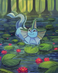 Size: 1155x1445 | Tagged: safe, artist:cherivinca, eeveelution, fictional species, mammal, vaporeon, feral, nintendo, pokémon, 2018, 2d, :3, ambiguous gender, blue body, blue tail, casual nudity, complete nudity, cute, detailed background, fins, fish tail, happy, lilypad, nudity, outdoors, plant, river, signature, smiling, solo, solo ambiguous, tail, tree, water
