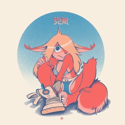 Size: 2000x2000 | Tagged: safe, artist:fox-popvli, mammal, rodent, squirrel, anthro, barefoot, blonde hair, blue eyes, blushing, buckteeth, claws, feet, female, hair, hair over one eye, long hair, looking at you, shoe, shy, sitting, solo, solo female, teeth, toe claws, toes