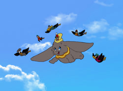 Size: 1280x948 | Tagged: safe, artist:hyzenthlay-rose, dumbo (character), jim crow (dumbo), timothy q. mouse (dumbo), bird, corvid, crow, elephant, mammal, mouse, rodent, songbird, anthro, feral, disney, dumbo (film), 2d, deacon (dumbo), dopey (dumbo), fats (dumbo), flying, group, male, murine, specks (dumbo)