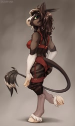 Size: 768x1280 | Tagged: suggestive, artist:zazush-una, oc, oc only, antelope, bovid, equine, fictional species, hybrid, mammal, oryx, unicorn, anthro, 2019, bra, brown body, brown fur, brown hair, clothes, digital art, ears, female, fur, garter belt, green eyes, hair, hooves, horns, legwear, lingerie, looking at you, one leg raised, panties, pinup, raised leg, simple background, solo, solo female, standing, stockings, striped fur, tail, tail tuft, underwear, white body, white fur
