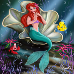Size: 2449x2449 | Tagged: safe, artist:fernl, ariel (the little mermaid), flounder (the little mermaid), arthropod, crab, crustacean, fictional species, fish, hermit crab, mammal, mermaid, feral, humanoid, disney, the little mermaid (disney), 2009, 2d, female, group, male, sebastian (the little mermaid), trio, tropical fish