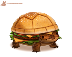 Size: 687x541 | Tagged: safe, artist:cryptid-creations, fictional species, food creature, reptile, turtle, feral, ambiguous gender, burger, cheese, dairy products, food, front view, lettuce, meat, simple background, solo, solo ambiguous, standing, three-quarter view, tomato, vegetables, white background