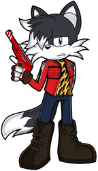 Size: 1300x2257 | Tagged: source needed, safe, artist:toyminator900, oc, oc only, oc:ronjir the husky (lightningbolt), canine, dog, husky, mammal, anthro, danger days, kobra kid, mikey way, my chemical romance, sega, sonic the hedgehog (series), 2021, black body, black fur, black tail, blue eyes, boots, bottomwear, cheek fluff, clothes, commission, cosplay, dipstick tail, fingerless gloves, fluff, fur, gloves, gun, hand hold, head fluff, head tuft, holding, jacket, lidded eyes, long sleeves, looking at you, male, pants, shoes, simple background, solo, solo male, style emulation, tail, tail fluff, topwear, transparent background, weapon