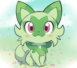 Size: 1176x1050 | Tagged: safe, artist:komanychi, cat, feline, fictional species, mammal, sprigatito, feral, nintendo, pokémon, spoiler:pokémon gen 9, spoiler:pokémon scarlet and violet, 2022, ambiguous gender, blushing, cute, looking at you, solo, starter pokémon, tail