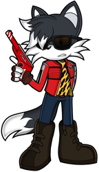 Size: 1300x2257 | Tagged: source needed, safe, alternate version, artist:toyminator900, oc, oc only, oc:ronjir the husky (lightningbolt), canine, dog, husky, mammal, anthro, danger days, kobra kid, mikey way, my chemical romance, sega, sonic the hedgehog (series), 2021, black body, black fur, black tail, blue eyes, boots, bottomwear, cheek fluff, clothes, commission, cosplay, dipstick tail, fingerless gloves, fluff, fur, glasses, gloves, gun, hand hold, head fluff, head tuft, holding, jacket, lidded eyes, long sleeves, looking at you, male, pants, shoes, simple background, solo, solo male, style emulation, sunglasses, tail, tail fluff, topwear, transparent background, weapon